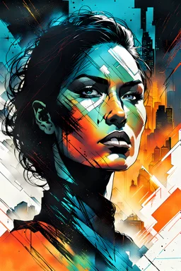 create an abstract portrait illustration of a female face with a superimposed inner city landscape , highly detailed , in the comic art style of FRANK MILLER and BILL SIENKIEWICZ, searing lines and forceful strokes, boldly inked, with gritty textures, vibrant colors, dramatic otherworldly lighting, highly detailed facial features, 8k