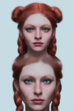 Woman zoom, cute, beautiful, orange hair, two braids, wild bangs, blue eyes, big eyes, freckles, long eyelashes, pink lipstick, thin lips, small nose, Gillian from Practical Magic, 8k resolution concept art portrait by Greg Rutkowski