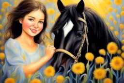 black light art, dramatic oil painting, flowerstorm, shading pastel and charcoal, cute chibi mohair brunette golden eyed happy woman with a horse in sunshine