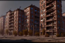 slums, apartment building , sacramento, projects, unity, scriptable render pipeline , red tone, volumetric lighting.