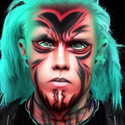 Keith Flint symmetric geometric portrait, realistic 3d anime , green hair, black metal facepaint, red eyes