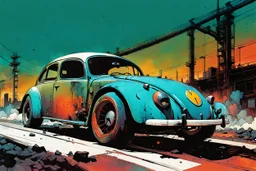 create an abstract, stripped down, post apocalyptic Volkwagen beetle rat rod with highly detailed features, lost in a horrific industrial wasteland, in the comic book art style of Bill Sienkiewicz, Mike Mignola, and Jean Giraud Moebius , searing lines , forceful strokes, finely drawn, inked, and colored