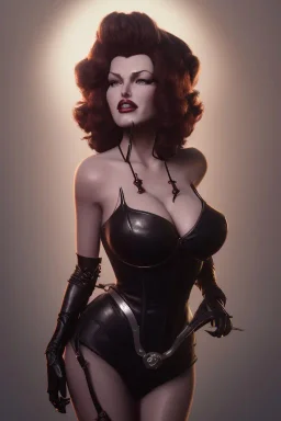 Rita Hayworth as evil queen in black leather, busty, cleavage, curvy, angry, stern look. character design by cory loftis, fenghua zhong, ryohei hase, ismail inceoglu and ruan jia. unreal engine 5, artistic lighting, highly detailed, photorealistic, fantasy