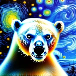 Dibujo al oleo de un oso polar con nubes de colores estilo Vincent van Gogh