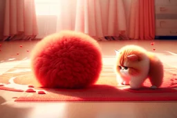 cute fluffy chibi beige cat playing with a giant plush red covid virus in a modern hall on a carpet in sunshine