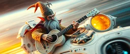 high speed blur, fluffy as hell illithid high priest gremlin guitar acoustic banger, instrumental, celtic, georgian, gypsy jazz, back on track portrait of space captain gnome lich, , priest psycho, in cockpit, celtic knot hollow tube transparent core ornate indented space ship, shiny bright mega ship flourescent white blue like bubble gum with a few big windows