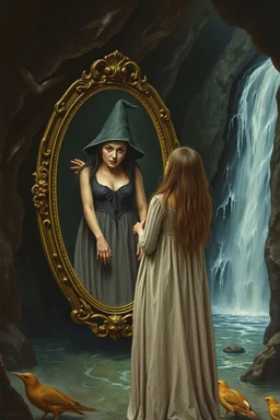 a woman standing in front of a mirror with reflection of her as witch creature in the mirror, in the dark cave with waterfalls in the background, Bosch painting style