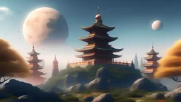 chinesee temple on a planet with a visible planet in the sky