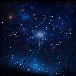 fireworks in nightsky, dark blue glowing light, fantasy, magic, dark, stars, sparkle