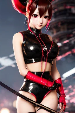 Detailed cute anime Kunoichi girl with dragon tail, blood red hair buns, bangs, black latex bodysuit, intricate details, full body portrait, keep head in frame, slight smile, black Japanese motif, concept art, highly detailed, digital painting, concept art, sharp focus, illustration, art by Yoji Shinkawa, WLOP and greg rutkowski and alphonse mucha and artgerm and yanjun Chen and Junji ito and Makoto Shinkai, HDR, octane render