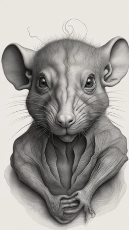 ππ§π€π’π₯π© highly detailed graphite illustration, A surreal rat face with exaggerated anatomical features, heavily wrinkled skin, and an intense, contemplative expression. bald head, thick eyebrows, long beard merge into swirling abstract shapes. Large, expressive hands, one covering the mouth and the other gripping the forehead tensely. Mysterious, introspective, dreamlike, somewhat dark fantasy. #ππ§πart #prompt