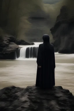 sad girl in black standing on the bank of a torrent of river and waterfall from far away gothic theme