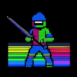 a pixel art-style, simple 64-bit Ninja with a rainbow outfit, retro gaming shinobi graphic style