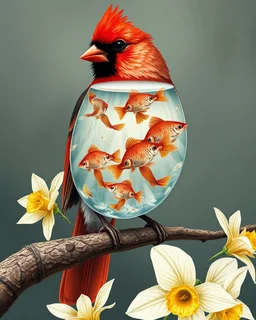 surreal mixed-media illustration of a Cardinal perched on a textured branch, depicted with a semi-transparent body that reveals an internal aquatic scene.Inside the bird’s torso, Angelfish swim gently in clear water, rendered with scientific-illustration precision and soft painterly textures.The bird’s feathers combine natural realism with subtle graphic stylization, including layered patterns and delicate linework.Surrounding the branch are daffodils, illustrated in a vintage botanical style wi