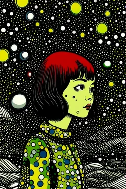 Gogh-like half alien half-Yayoi Kusama lady, colored ink art. She is young and cute and is looking up at a spaceship in distance. It’s dark and gloomy. Some light comes from above.