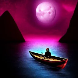 Charon in his boat on the river Styx, red black purple colours, 8k, high definition, fantasy art, winding river, sharp jagged rocks, high contrast colours, sharp colours