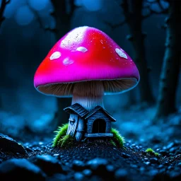 "Close up of a wonderful tiny Mushroom Tower home. Red and Magenta with bright white, deep black and contrasting tones of gray magenta and violet colors. Illuminated bioluminescent forest. Professional painter, master at composition. small but detailed. broken, blurred background, voluminous lighting"