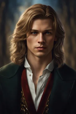 Portrait of a young male norwegian doctor with shoulder length hair, photorealistic, fantasy