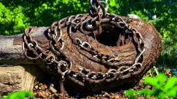 Backyard chain attached to a thick log of poop