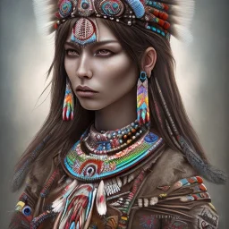 war painted pueblo Indian female, dark, disturbed expression.intricate detailethnically accurate face, intricate head dress, detailed make-up, detailed turquoise jewelry, detailed hair, detailed feathers, use dynamic palette, accurate proportions, high contrast black smokey bokeh background.Chie Yoshii style