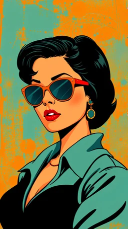 A retro illustration of a woman with sunglasses and short black hair, wearing teal , against a bright orange-blue Otto Dix textured background, in the style of vintage poster design, in the style of Hugh Kretschmer, in the style of Ross Tran, in the style of Fluid Forms, in the style of Peter Max, and in the style of J.C. Le Capitaine, high resolution.