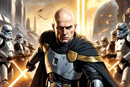 star wars bald male corellian jedi pilot wearing black and gunmetal grey old republic armored robes with gold trim, alone, battle-ready Jedi Master defending a ruined ancient city surrounded by golden light, centered head and shoulders portrait, hyperdetailed, dynamic lighting, hyperdetailed background, 8k resolution, volumetric lighting, light skin, fully symmetric details