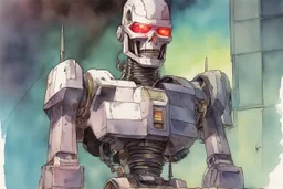 retro anime style, full color, dark serious 1980s anime terminator like robot, moebius artist, magic, watercolor,