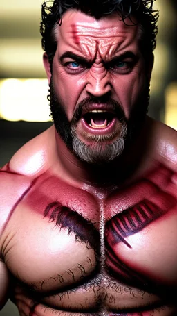 extreme close up photography of 40 years old burly muscular chubby very ugly spanish plumber yells angrily, in tank top and overalls beard, sweat, manly chest, bulge, long curly hair, vampire teeth and fangs, bloodshot eyes, photorealistic, 80mm lens, Canon EOS, hyper-realistic, very detailed, angry eyes, natural colours, sunlight