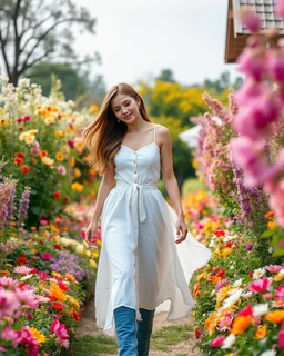 create a video , in a pretty nature of conuntry side a big mas of ramdom pretty flowers fall down and a beautiful lady in modern clothing comes out and walks with cute in the flowers garden