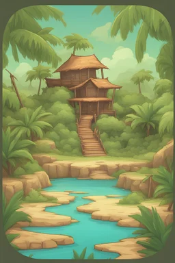 only The external frame of the back side of a card for events in a game based on a tropical inhabited island. no background fantasy cartoon style.