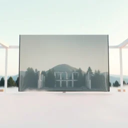 A super high definition photo of an open space with white structures and a large computer screen. A transparent tarpaulin covers an image resembling a ruined building. There is a group of fir trees in the background and a high hill in the distance. The surface below is in a pastel color. Fog is present.