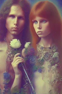 Jim Morrison and Pamela Courson ,music, ignoreNSFW, watermark, bohemian style , blurry,beautiful,elegant,roses, fantasy