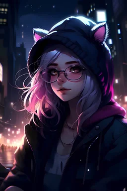 messy hair. white hair, anime, girl, magenta eyes, dark night, dark sky, black beanie, jacket, empty city, empty street, neon lights, cat ears, black glasses