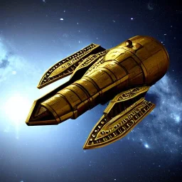 worn ornate starship made of brass, in space