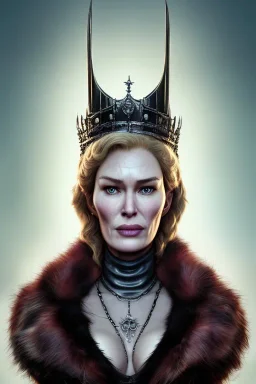 Cersei Lannister as evil queen in black leather and fur, busty, cleavage, curvy, lena headay, angry, stern look. character design by cory loftis, fenghua zhong, ryohei hase, ismail inceoglu and ruan jia. unreal engine 5, artistic lighting, highly detailed, photorealistic, fantasy