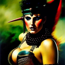 portrait oil on canvas, beautiful punk busty female Barbarian Warrior,green eyes, ,minimal armor,comic book cover, mystical colors,insanely detailed,realistic,intrincate detail, 16k resolution, masterpiece,Frank Frazetta,Alex Horley, Simon Bisley