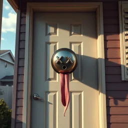 door bell on a suburban house fron t door that has X's for eyes and a tongue hanging out, concept art, digital art, hyperrealistic,