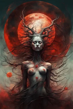 A dramatic digital painting portraying a figure under the Red Moon, veins pulsing, claws of temptation visible, soul in turmoil. In the style of Giger and Salvador Dali and Van Gogh, vivid colors, swirling brushstrokes, highly detailed, 8k resolution, surrealistic., by Ryohei Hase, Agnes Cecile, Raymond Swanland, Anne Bachelie