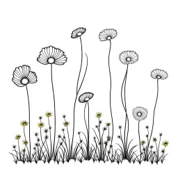 set of growing wind flower on the grace on ground, ONE lineS art, white background, minimalis, different view, only white bakcground solid.black ink