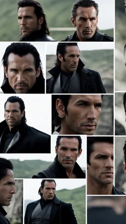 Jason David Frank as Alpha Marius wearing an open necked shirt and black jacket, but it’s his eyes that draw me in. Dark grey and stormy.