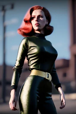 retro portrait image from 1960, supermarket parking explosion, long hair, young Scarlett Johansson, classic black tight lycra suit, gold bracelet and belt, high heel boots, soft color, highly detailed, unreal engine 5, ray tracing, RTX, lumen lighting, ultra detail, volumetric lighting, 3d, finely drawn, high definition, high resolution.