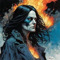 create an imaginative print illustration of an aged and emaciated, raven haired, female, blind Nordic seeress, malevolent and dangerous, dressed in rags, with finely detailed facial features, wreathed in a maelstrom of fire, in the comic book art style of Bill Sienkiewicz, Mike Mignola, and Jean Giraud Moebius, finely textured, drawn, colored, and inked