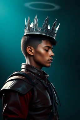A striking, dramatic portrait of a regal warrior. A young man with defined facial features and rich brown skin stands in profile, eyes closed, illuminated by a soft, ethereal spotlight. He wears a dark red, leather, armor-like outfit laced with black cords. Above his head floats a metallic, spiked crown glowing with reflected light, as if suspended by magic. The background is a deep gradient of teal and navy with a subtle halo around the crown. Moody atmosphere, soft volumetric lighting, hyperre