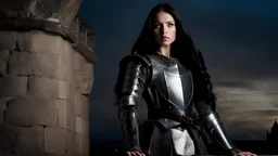 A Beautiful slender caucasian teen female fashion model with long shiny black hair. She is wearing medieval armor. She is standing next to a castle wall at night. The sky behind her looks threatening and ominous. She is looking at the viewer.