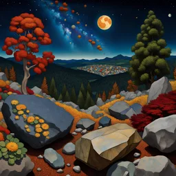 Colourful, peaceful, Egon Schiele, Max Ernst, Vincent Van Gogh, night sky filled with galaxies and stars, rocks, trees, flowers, photorealism, sharp focus, 8k, deep 3d field, intricate, ornate