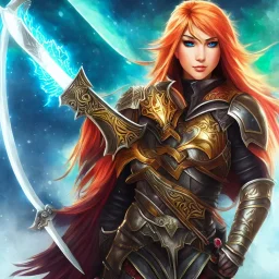 fantasy art style, female, attractive, 8k, full body, leather armors, full great sword, silver shoulder length hair, vibrant bright colorful silver eyes, slight scar on cheek, details,texture, detailed lightning, wrist guard armors, vibrant colors, no background