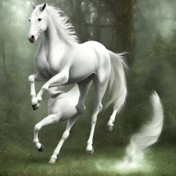 A white stallion galloping through the woods