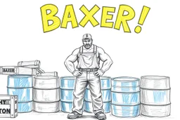 a drawing with sketch lead pencil, The word "BAXER" in yellow floating like a big sign, strong painting, strong expression, BAXER!, BAXER! the word Baxer, WOODEN CRATES AND BLUE BARRELS, A WORKING MAN (no beard and he have glasses) STANDS THERE WITH VERY BIG STRONG MUSCLES