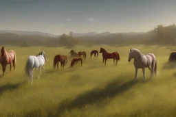illustration horses of different colors in a field from afar