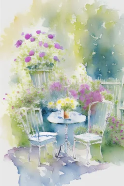 abstract watercolour english cottage garden with table and 2 chairs in the style of jean haines, centred